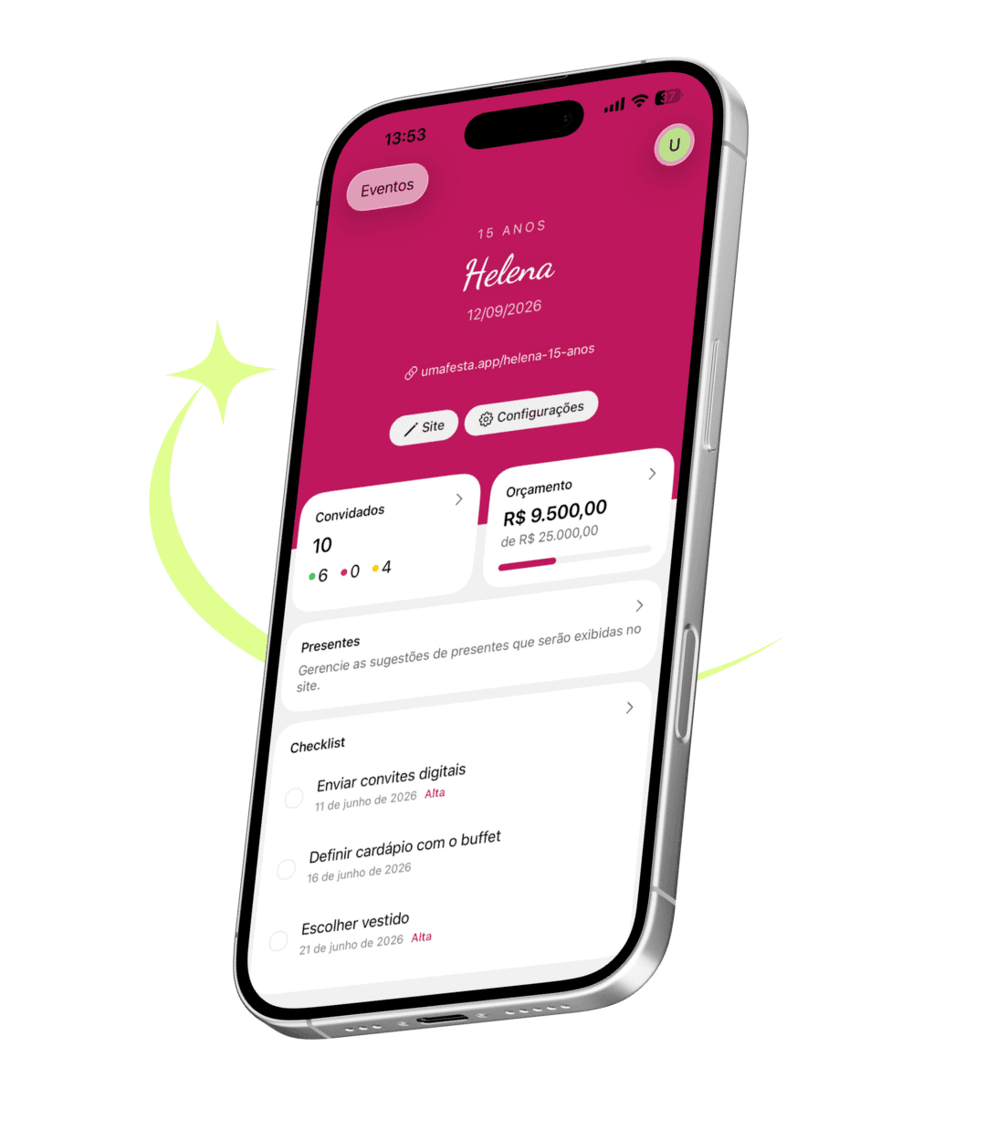 App Uma Festa exibindo o painel de um evento de 15 anos: convidados, orçamento e checklist